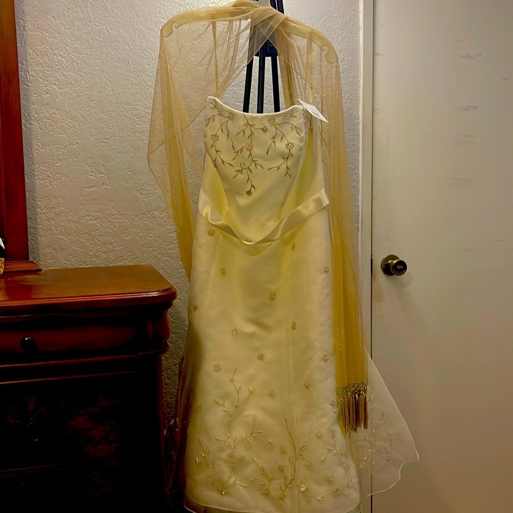 David’s Bridal Sequined Ivory Strapless Dress w/Sheer Beaded Shawl